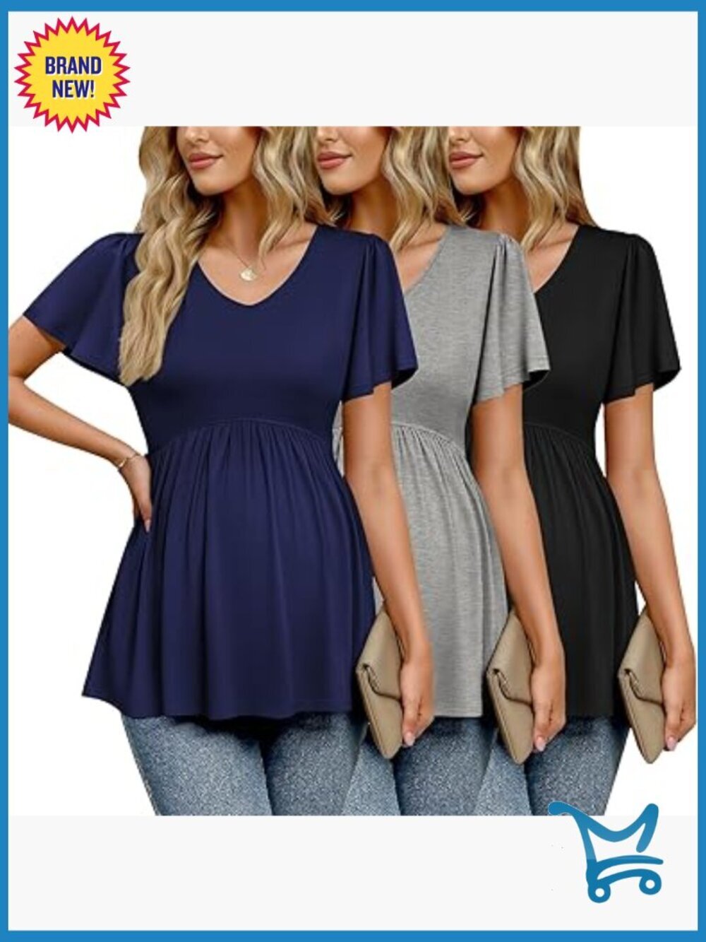 Maternity Shirts 3 Pack Flying Short Sleeve V Neck Tops Pregnancy Clothes S-XXL